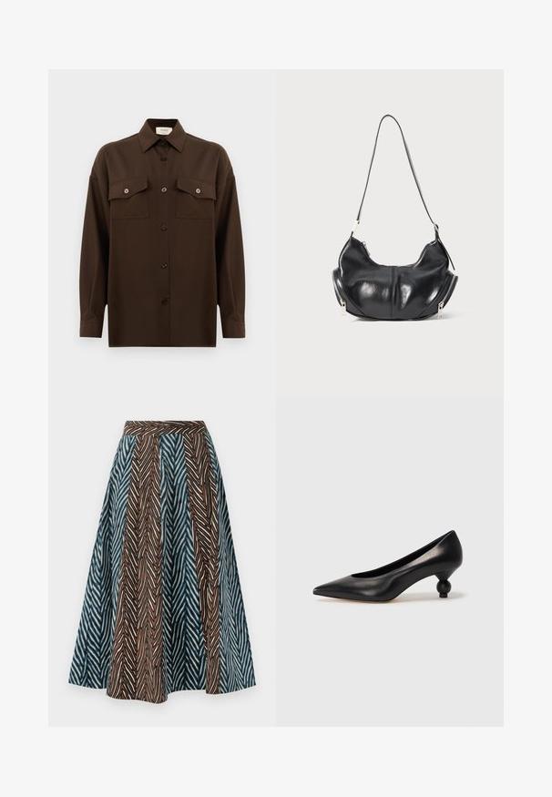 Tamsiai rudas ilgarankovis mygtukų marškiniai su dviem kišenėmis ant krūtinės ir klasikiniais apykakle, pristatomas prieš paprastą baltą foną.; Rudas ir mėlynas midi sijonas su zigzago raštu, klostuotu dizainu ir prigludusia juosmens linija. Pagamintas iš lengvos medžiagos.; Juoda odinė aukštakulnė bateliai su smailiu pirštu ir apvaliu, iškiliu kulnu. Lygus paviršius su elegantišku, minimalistiniu dizainu.; Juodas odinis pusmėnulio formos peties krepšys su sidabriniais užtrauktukais abiejuose šonuose ir vienu dirželiu.
