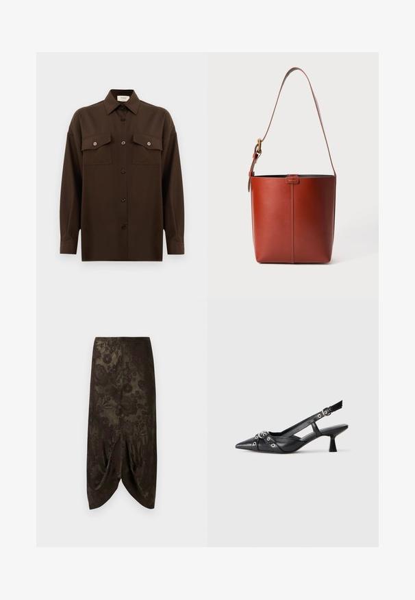 Tumma ruskea pitkähihainen napitettava paita, jossa on kaksi läpällistä rintataskua ja klassinen kaulus, esiteltynä yksinkertaista valkoista taustaa vasten.; Tummanvihreä hame, jossa on burgundinvärinen kukkakuosi. Hameessa on drapeerattu muoto helmassa ja sileä, kiiltävä pinta.; Mustat nahkakengät, joissa on avonainen takaosa ja kärjessä terävä muoto, koristevyöt, joissa on metalliset reiät, sekä matala lohkoepohja. Teksturoitu pinta.; Ruskea nahkainen ämpärilaukku, jossa on säädettävä olkahihna ja kultasävyinen solki, yksinkertainen pystysaumadesign etuosassa.