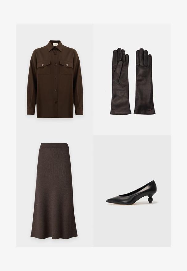 Camicia marrone scuro a maniche lunghe con bottoni, dotata di due tasche a pattina sul petto e colletto classico, mostrata su uno sfondo bianco uniforme.; Gonna a maglia marrone a coste con una forma svasata e una vita elastica. La texture è morbida, con una finitura liscia e bordi puliti.; Scarpa con tacco alto in pelle nera, con punta affilata e tacco arrotondato e bombato. Texture liscia con un design elegante e minimalista.; Weekend Max Mara SENAPE - Guanti - nero