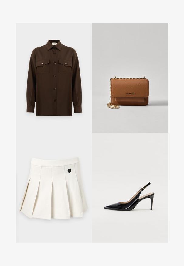 Dark brown long-sleeve button-up shirt with two flap chest pockets and a classic collar, displayed against a plain white background.; Pleated white skirt made of cotton-blend fabric, featuring a black emblem on the front and an elastic waistband for comfortable fit.; Black patent leather slingback pump with pointed toe, slim heel, and a subtle cutout design. Features a gold buckle on the strap.; Brown textured leather crossbody bag with gold chain strap and flap closure. Front features logo detail and a pocket under the flap.