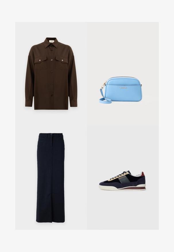 Camicia marrone scuro a maniche lunghe con bottoni, dotata di due tasche a pattina sul petto e colletto classico, mostrata su uno sfondo bianco uniforme.; Gonna di jeans lunga blu navy con silhouette dritta, chiusura frontale con bottoni, passanti per cintura e tasche frontali. Tessuto liscio.; Sneakers in suede blu Navy con accenti beige e blu scuro. Presentano una suola in gomma bianca e un marchio dorato sul lato. Design atletico classico.; Borsa a tracolla in pelle azzurro chiaro con dettagli in metallo oro, chiusura con zip e tasca frontale. Presenta un tracolla regolabile per maggiore comodità.