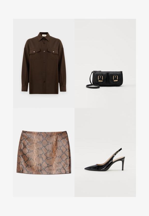 Mørkebrun langærmet skjorte med knaplukning, to brystlommer med klap og en klassisk krave, præsenteret mod en helt hvid baggrund.; Alice + Olivia ELANA SNAKE SKIRT - Mini skirts - camel/black; Sort patenteret læder slingback stiletto med spids tå, slank hæl og et subtilt udskæringsdesign. Har en gylden spænde på remmen.; Sort læder crossbody taske med to frontlommer, guldspænder, lynlåslukning og en slank rem. Struktureret overflade og kompakt rektangulær form.