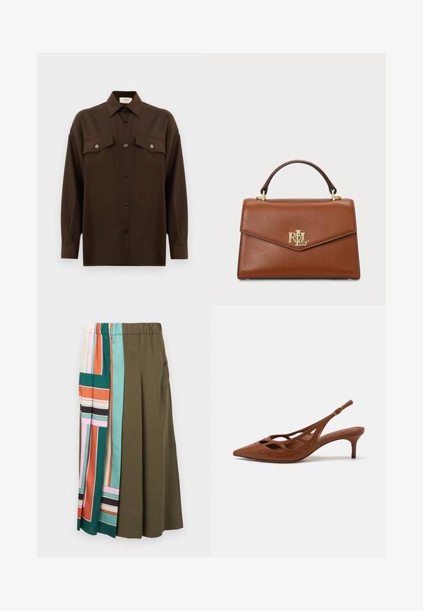 Chemise à manches longues brun foncé avec boutons, dotée de deux poches poitrine à rabat et d'un col classique, présentée sur un fond blanc uni.; Jupe mi-longue avec une taille élastique ; tissu uni de couleur vert olive mélangé avec des motifs géométriques colorés en panneaux sur un côté.; Escarpin à talon en cuir marron, avec un bout pointu, un design découpé et des détails cousus. Il dispose d'un talon élancé et d'une sangle réglable.; Sac à main en cuir marron avec un design structuré, une poignée supérieure, des finitions en or et un accent logo sur le devant. Texture lisse.