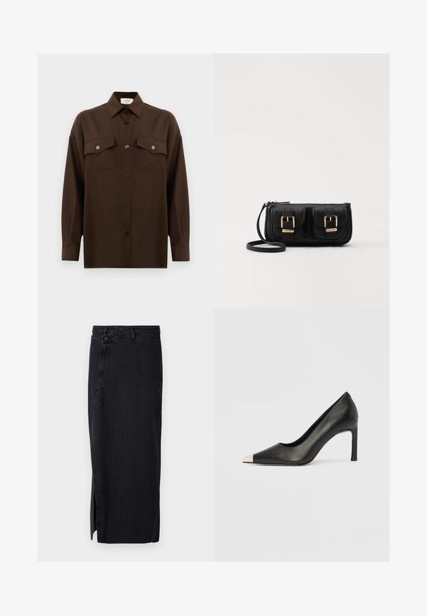 Dunkelbraunes Langarmhemd mit Knopfleiste, zwei Brusttaschen mit Klappe und klassischem Kragen, vor einem schlichten weißen Hintergrund präsentiert.; Schwarzer Denimrock mit hoher Taille, der über einen seitlichen Schlitz und ein klassisches Fünf-Taschen-Design verfügt. Glatte Textur und gerade Silhouette.; Schwarzer Lederschuh mit hohem Absatz, spitz zulaufender Zehenpartie und metallischer silberner Spitze. Verfügt über eine glatte Oberfläche und einen schlanken 10 cm hohen Absatz.; Schwarze Leder-Umhängetasche mit zwei vorderen Taschen, goldenen Schnallen, Reißverschluss und einem schmalen Tragegurt. Texturierte Oberfläche und kompakte rechteckige Form.