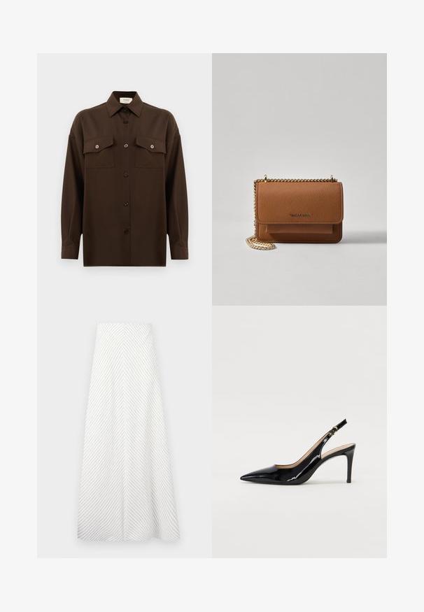 Dark brown long-sleeve button-up shirt with two flap chest pockets and a classic collar, displayed against a plain white background.; White skirt with diagonal navy stripes, flowing design, and a smooth texture. Features a high waist and an ample, A-line shape.; Black patent leather slingback pump with pointed toe, slim heel, and a subtle cutout design. Features a gold buckle on the strap.; Brown textured leather crossbody bag with gold chain strap and flap closure. Front features logo detail and a pocket under the flap.