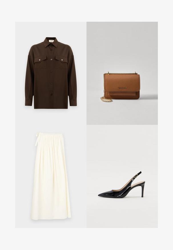 Tamsiai rudas ilgarankovis mygtukų marškiniai su dviem kišenėmis ant krūtinės ir klasikiniais apykakle, pristatomas prieš paprastą baltą foną.; Ilgas, grietinėlės spalvos sijonas, pagamintas iš lengvos medžiagos; turi elastingą juosmenį su raišteliu ir plazdančią struktūrą su minimalia tekstūra.; Juodas lakinės odos slingback batelis su smailiu nosiu, plonu kulnu ir subtiliu išpjovos dizainu. Yra auksinė sagtis ant dirželio.; Ruda tekstūruota odinė per petį nešama rankinė su auksiniu grandininiu dirželiu ir užlenkiamo užsegimo. Priekinėje pusėje yra logotipo detalė ir kišenė po užlenkimu.