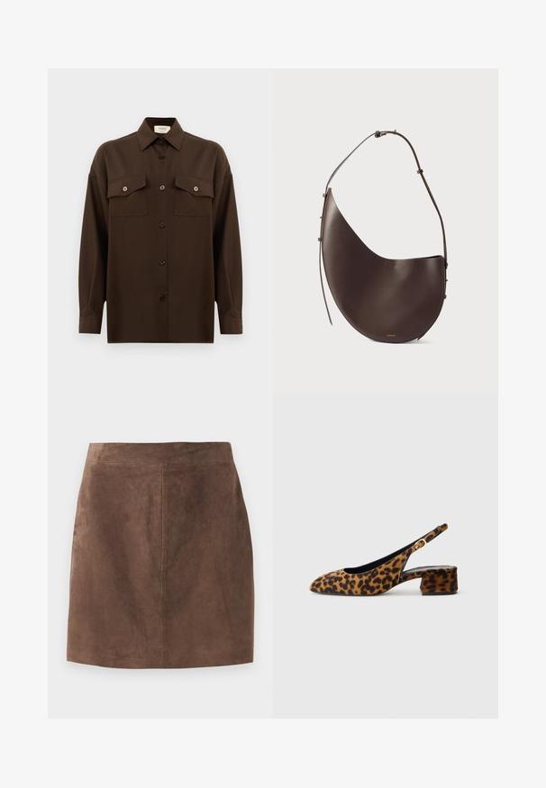 Tumepruun pikkade varrukatega nööbitav särk kahe klapp-taskuga rinnal ja klassikalise kraega, esitlemiseks lihtsa valge tausta ees.; Pruun sametist seelik, mis on sileda tekstuuriga, A-liini kujuga ja lihtsa vöökohtaga. Õmblusetööd jooksevad vertikaalselt alla selja pealt.; Naiste leopardimustriga slingback-kingad madala blokkninahaga ja kuldse klambriga külgjah. Kujutatud külgprofiilis lihtsal taustal.; Pruun nahast käekott kumerate joontega, ühe rihmaga ja minimalistliku disainiga. Omab diskreetset logo ja kuldseid detaile.