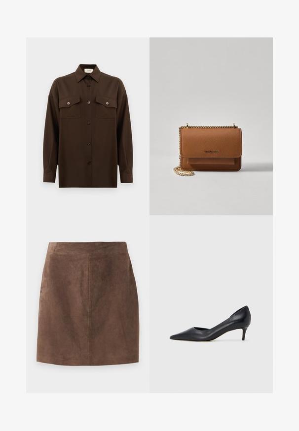 Tamno smeđa dugosleeve košulja s dugim rukavima i dugmadi, s dva džepa s preklopom na prsima i klasičnim ovratnikom, prikazana na jednostavnoj bijeloj pozadini.; Smeđa suknja od antilopa s glatkom teksturom, A-linija oblika i jednostavnom elastičnom trakom. Šavovi se vertikalno protežu niz leđa.; Crna kožna cipela s vrhom u špic i niskom petom. Ima glatku teksturu i suptilan sjaj. Prednji dio je otvoren za dodatni detalj.; Smeđa kožna torba preko tijela s teksturom, zlatnim lančićem i preklopom na zatvaranju. Na prednjoj strani nalazi se detalj s potpisom i džep ispod preklopa.