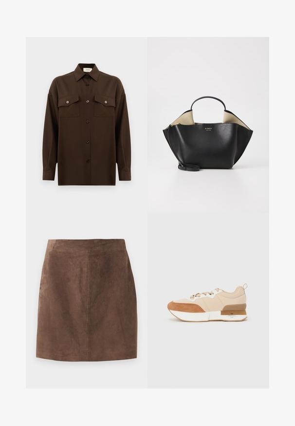 Donkerbruin langarm overhemd met knopen, voorzien van twee zakken met klep op de borst en een klassieke kraag, weergegeven tegen een effen witte achtergrond.; Bruine suède rok met een gladde textuur, A-lijnvorm en een eenvoudige tailleband. Naadafwerking loopt verticaal langs de achterkant.; Sneaker met een beige stoffen bovenkant en tan suede accenten, een witte tussenzool en een rubberen buitenzool met een merkdetail.; Ree Projects ANN TOTE MINI - Handtas - black