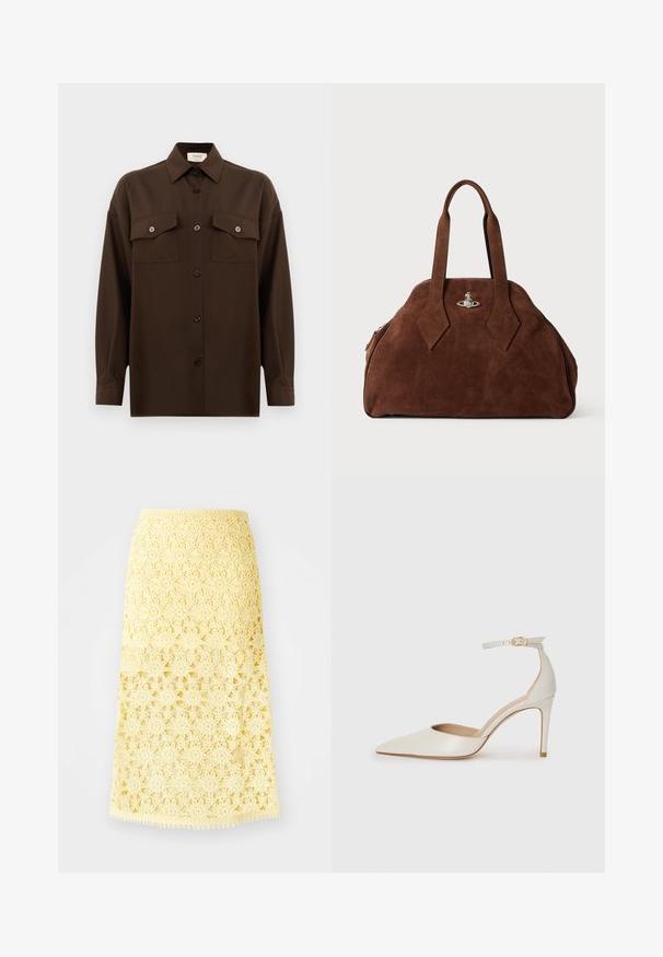 Sötétbarna, hosszú ujjú, gombos ing, két zsebével a mellén és klasszikus gallérral, egyszerű fehér háttér előtt bemutatva.; Sárga horgolt midi szoknya csillagos virágmintával, fodros szegéllyel és texturált felülettel. Rugalmas derékpánt a megfelelő illeszkedés érdekében.; Fehér bőr, magassarkú cipő hegyes orral, bokapánttal és vékony tűs sarkal. Simaszövet, finom fényes felülettel.; Barna velúr kézi táska, strukturált formával, kerek testtel és megnyújtott gyémánt alakú fogantyúkkal. Ezüst színű záródással rendelkezik.