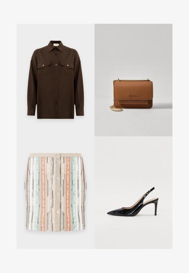 Camicia marrone scuro a maniche lunghe con bottoni, dotata di due tasche a pattina sul petto e colletto classico, mostrata su uno sfondo bianco uniforme.; Gonna a maglia a righe con colori pastello tra cui verde menta, corallo e beige. Presenta una chiusura frontale con bottoni e una vita testurizzata.; Pumps slingback in pelle verniciata nera con punta affilata, tacco sottile e un design con ritagli delicati. Caratterizzate da una fibbia dorata sul cinturino.; Borsa a tracolla in pelle marrone con texture, dotata di catena dorata e chiusura a pattina. Sul davanti presenta un dettaglio con logo e una tasca sotto la pattina.