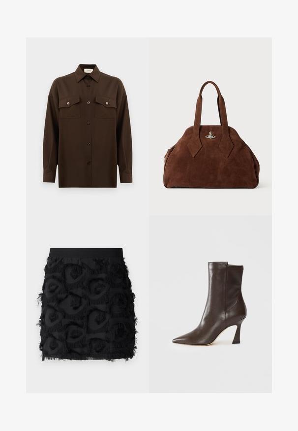 Sötétbarna, hosszú ujjú, gombos ing, két zsebével a mellén és klasszikus gallérral, egyszerű fehér háttér előtt bemutatva.; Marella DEMIEN - Miniszoknya - nero; Sötétbarna bőrcipő, amely a vádli közepéig ér, hegyes orral, ívelt, karcsú sarkú és sima felületű, fehér háttérrel.; Barna velúr kézi táska, strukturált formával, kerek testtel és megnyújtott gyémánt alakú fogantyúkkal. Ezüst színű záródással rendelkezik.