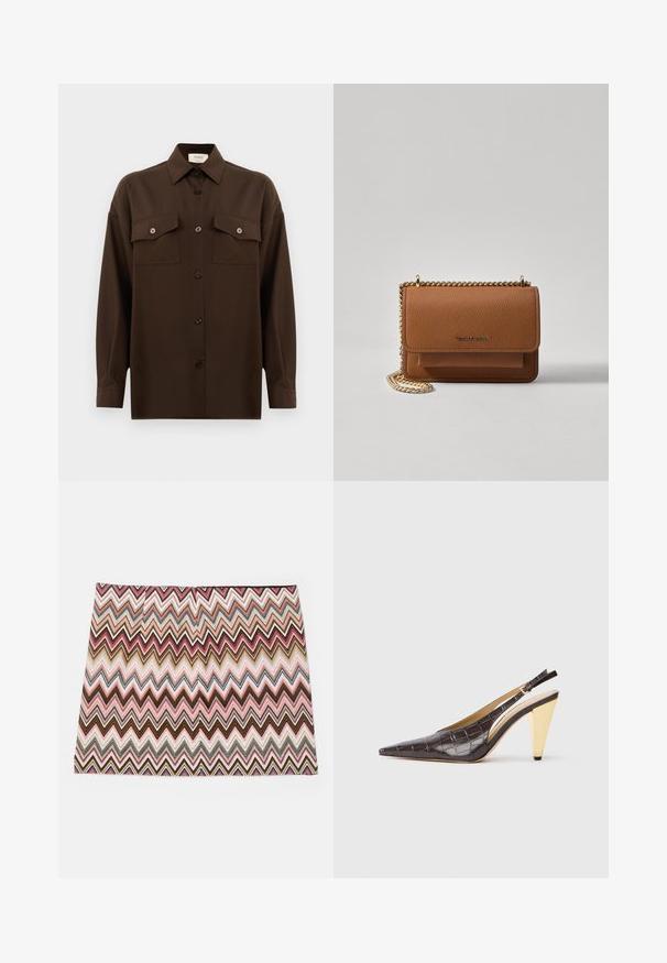 Tmavohnedá košeľa s dlhým rukávom, na gombíky, s dvoma vreckami na hrudi a klasickým golierom, umiestnená na jednoduchom bielom pozadí.; Sukňa s viacfarebným chevronovým vzorom, ktorá obsahuje cik-cak dizajn v odtieňoch ružovej, hnedej a krémovej farby, s rovnou spodnou časťou a hladkou textúrou.; Sandal s pointer špičkou a elastickým pásikom na päte v tmavohnedej lesklej imitácii krokodílej kože. Obsahuje zlatý geometrický podpätok a nastaviteľný pásik na členku.; Hnedá textúrovaná kožená taška cez telo s zlatým reťazovým popruhom a preklopným uzáverom. Predná strana obsahuje detail s logom a vrecko pod preklopkou.