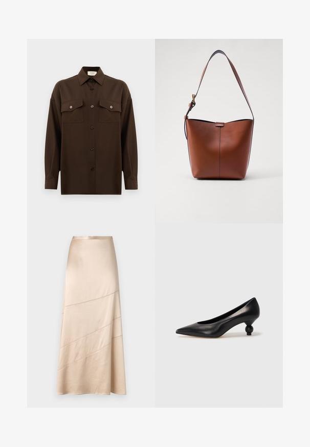 Dark brown long-sleeve button-up shirt with two flap chest pockets and a classic collar, displayed against a plain white background.; Light beige satin midi skirt featuring a flowing silhouette, diagonal stitching details, and a smooth texture with a subtle sheen.; Black leather high heel shoe with a pointed toe and a round, balled heel. Smooth texture with a sleek, minimal design.; Brown leather shoulder bag with a curved shape, smooth texture, and a single thin strap. Features a subtle seam and a small logo detail.
