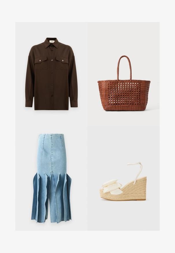 Tmavě hnědá košile s dlouhým rukávem a knoflíky, se dvěma kapsami na hrudi a klasickým límečkem, vystavená na čistém bílém pozadí.; Džínová sukně v světle modré barvě s rozšířeným designem, s cípovými okraji a vertikálními švy. Textura je hladká s viditelnými detaily šití.; Sandal s klínem s přírodní jute platformou, béžovým textilním svrškem a dvěma vrstvami květinových detailů; obsahuje tenký nártový pásek se sponou.; Tkaná hnědá taška přes rameno s otevřeným vzorem, obdélníkovým tvarem a dvěma pletenými držadly. Obsahuje pevný základ pro podporu.
