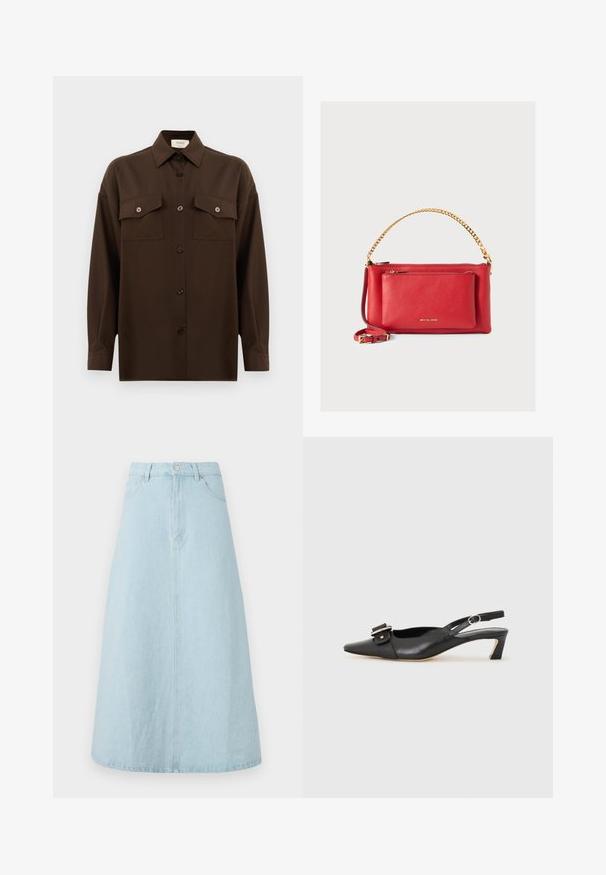 Temno rjav srajca z dolgimi rokavi na gumbe, z dvema žepoma na prsih in klasičnim ovratnikom, prikazana na enotni beli podlagi.; Svetlo modra denim krila, dolžine do kolen, A-silhuete, z elastičnim pasom, sprednjim gumbom in dvema stranskima žepoma. Gladka tekstura.; Črne usnjene slingback čevlje z ostrim nosom, majhnim petam in dekorativno sponko na zgornjem delu. Gladka tekstura, minimalistična zasnova.; Rdeča usnjena torbica z zloženim zaključkom, zlato verigo in trak, sprednja žepna zadrga ter izdelek z embosiranim logotipom. Kompaktna in strukturirana zasnova.