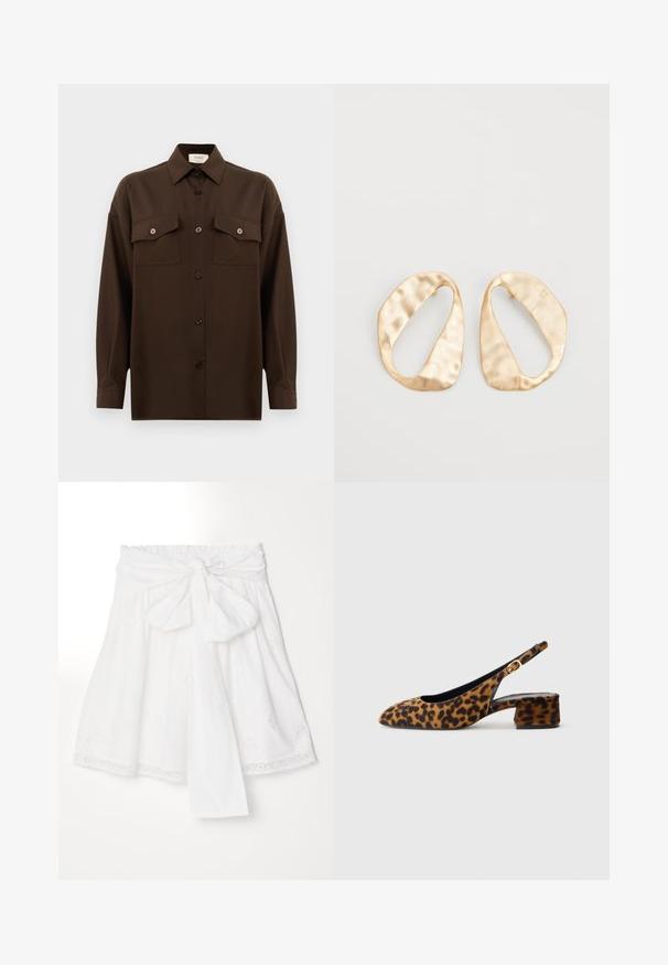 Dark brown long-sleeve button-up shirt with two flap chest pockets and a classic collar, displayed against a plain white background.; Erdem SKIRT WITH GATHERED WASIT - A-line skirt - white; Women's leopard print slingback shoe with low block heel and gold buckle on side strap, shown in side profile on plain background.; Pair of irregular oval-shaped gold-toned metal earrings with a textured, slightly hammered surface on a white background.