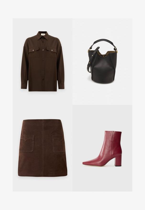 Camisa de botões de manga longa castanho-escuro, com dois bolsos de aba no peito e um colarinho clássico, apresentada contra um fundo branco liso.; Saia de camurça castanha com um formato clássico em A, duas bolsas frontais com abas arredondadas e detalhes de costura sutis.; Bota de tornozelo em couro bordô com bico afiado, salto bloco e textura suave, apresentando um design sem emendas e sem hardware visível.; Saco de mão em pele preta com acabamento texturizado, detalhes em ouro e parte superior aberta. Apresenta uma pega curta e uma alça de ombro ajustável.