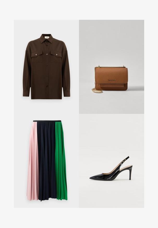 Tmavohnedá košeľa s dlhým rukávom, na gombíky, s dvoma vreckami na hrudi a klasickým golierom, umiestnená na jednoduchom bielom pozadí.; Skladaná sukňa s panelmi v ružovej, námorníckej a zelenej farbe. Vyrobená z jemnej látky s elastickým pásom pre pohodlné nosenie.; Čierne lakované kožené slingback lodičky s špicatou špičkou, štíhlým podpätkom a jemným výrezom. Obsahuje zlatú pracku na remienku.; Hnedá textúrovaná kožená taška cez telo s zlatým reťazovým popruhom a preklopným uzáverom. Predná strana obsahuje detail s logom a vrecko pod preklopkou.