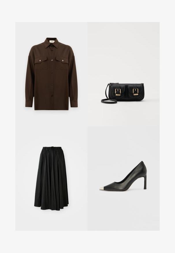 Tamno smeđa dugosleeve košulja s dugim rukavima i dugmadi, s dva džepa s preklopom na prsima i klasičnim ovratnikom, prikazana na jednostavnoj bijeloj pozadini.; Crna, suknja do gležnja od lagane tkanine. Ima nabran pojas s vezicom za prilagodljivu veličinu i prošireni kroj.; Crna kožna cipela s visokim potpeticama, špicastim vrhom i metalnim srebrnim vrhom. Ima glatku završnu obradu i tanku petu visine 10 cm.; Crna kožna torba preko ramena s dva prednja džepa, zlatnim kopčama, zatvaranjem na zip i uskim remenom. Teksturirana površina i kompaktan pravokutan oblik.