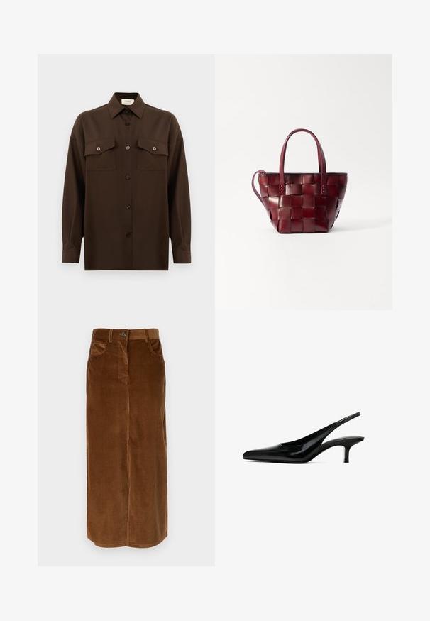 Dunkelbraunes Langarmhemd mit Knopfleiste, zwei Brusttaschen mit Klappe und klassischem Kragen, vor einem schlichten weißen Hintergrund präsentiert.; Weekend Max Mara GHIOTTO - Maxirock - nocciola; Schwarzer Slingback-Schuh mit spitzem Zehenbereich, glänzender Lederoberfläche und dünnem, niedrigem Absatz. Verfügt über einen Ausschnitt an der Seite für Atmungsaktivität.; Geflochtene bordeauxfarbene Lederhandtasche mit zwei kurzen Griffen und einem abnehmbaren Schultergurt. Sie hat eine strukturierte Form und eine glatte Textur.