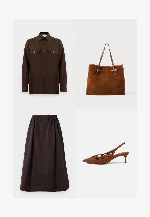 Dunkelbraunes Langarmhemd mit Knopfleiste, zwei Brusttaschen mit Klappe und klassischem Kragen, vor einem schlichten weißen Hintergrund präsentiert.; Brauner Midilängenrock mit elastischem Bund und weitem Saumdetail, aus glattem Stoff mit subtilen Falten unterhalb der Taille.; Braune Leder-Slingback-Peeptoe mit spitz zulaufender Zehenpartie, Ausschnitt-Design und genähten Details. Verfügt über einen schlanken Absatz und einen verstellbaren Riemen.; Braune Wildleder-Tote-Tasche mit zwei Ledergriffen, flacher Form, genähten Akzenten und Knotendetail an den Seiten. Keine sichtbaren Verschlüsse.