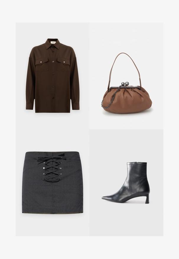 Tumepruun pikkade varrukatega nööbitav särk kahe klapp-taskuga rinnal ja klassikalise kraega, esitlemiseks lihtsa valge tausta ees.; Tumehall mini seelik, mille esiosas on nöörimine metallist detailidega. Sile tekstuur, keha lähedane lõige ja keskelt tõstetud vöökoht.; Mustad mustall nahkasaabas terava nina ja stiilse disainiga. Omab madalat konts ja luku sulgemist taga. Sile tekstuur.; Pruuni nahast käekott, millel on kokkuvõetud disain, lühike nahkstang ja kettrihm. Omab hõbedast metallist klambrit, millel on kaks ümmargust aktsenti.
