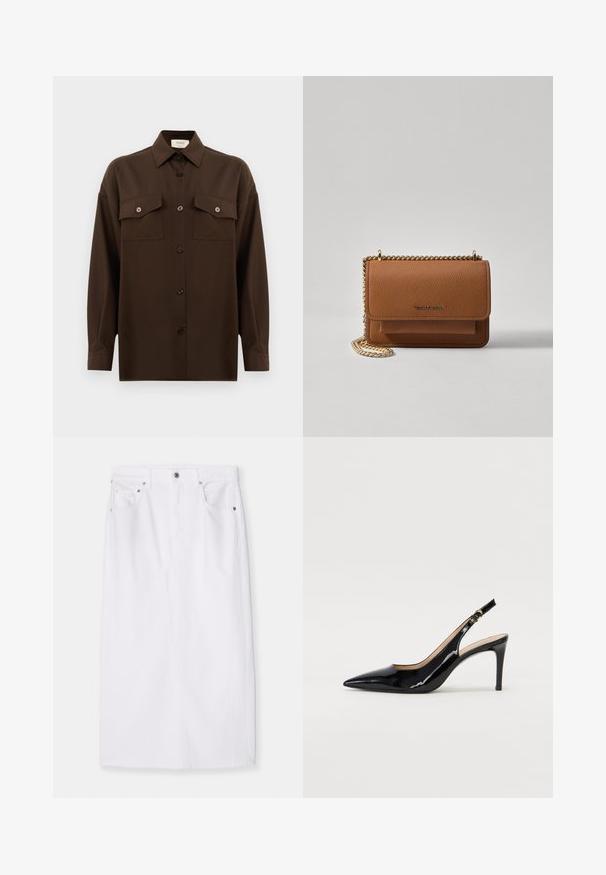 Camisa de botões de manga longa castanho-escuro, com dois bolsos de aba no peito e um colarinho clássico, apresentada contra um fundo branco liso.; Saias de ganga brancas com corte reto, apresentando uma cintura e zíper frontal, acentuadas com metal prateado e cinco bolsos. Design limpo.; Sandal com salto em verniz preto, bico fino, salto esguio e um design de recorte subtil. Apresenta uma fivela dourada na alça.; Bolsa crossbody de couro texturizado castanho com alça de corrente dourada e fecho com aba. A parte da frente apresenta detalhe do logótipo e um bolso sob a aba.