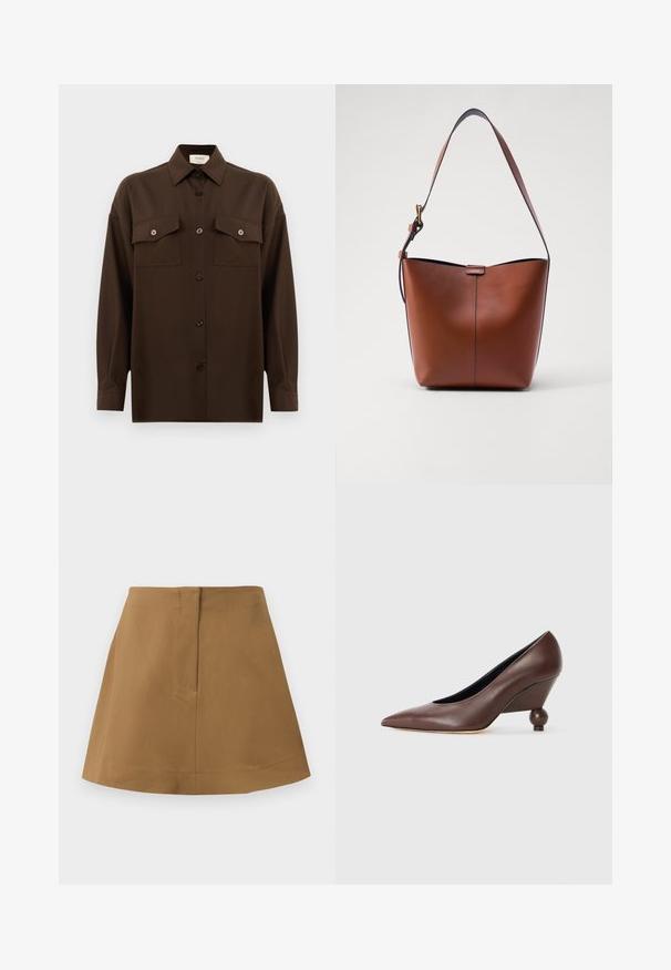 Camicia marrone scuro a maniche lunghe con bottoni, dotata di due tasche a pattina sul petto e colletto classico, mostrata su uno sfondo bianco uniforme.; Gonna marrone con silhouette svasata, realizzata in un tessuto liscio. Presenta un semplice elastico in vita e un dettaglio della cucitura sul retro.; Pantofole a zeppa in pelle marrone con punta affusolata e tacco arrotondato a forma di sfera. Texture liscia con un design semplice e accenti minimi.; Borsa a spalla in pelle marrone con forma curvata, texture liscia e una sottile tracolla. Presenta una cucitura discreta e un piccolo dettaglio con logo.