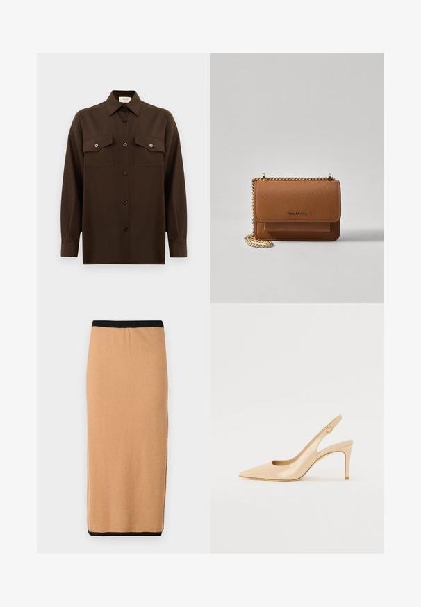 Mörkbrun långärmad skjorta med knappar, två fällbara bröstfickor och klassisk krage, visad mot en enkel vit bakgrund.; Knee-length, camelfärgad stickad kjol med svart elastiskt midjeband och en slät textur. Enkel design, inga synliga mönster eller accenter.; Nude lackläder slingback-häl med spetsig tå, öppen vamp och en tunn stilettklack. Har en cirkulär guldaccents på remmen.; Brun texturerad läder crossbody-väska med guldkedja och klaffstängning. Framsidan har logotypdetalj och en ficka under klaffen.