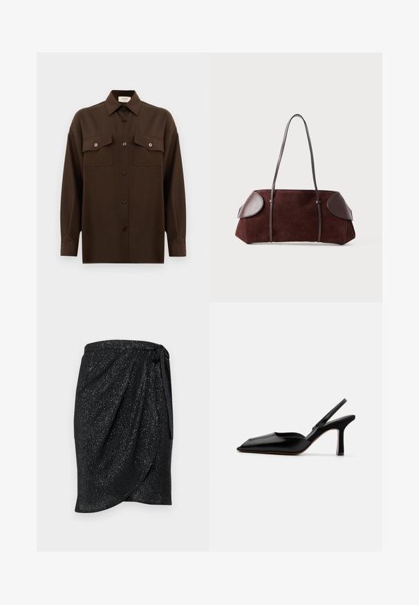 Dark brown long-sleeve button-up shirt with two flap chest pockets and a classic collar, displayed against a plain white background.; Black wrap skirt with a textured, shimmering finish. Features a tie at the waist and a draped design for a sleek silhouette.; Black leather slingback heel with a pointed toe, minimalist design, thin ankle strap, and a sleek stiletto heel. Smooth texture.; Brown suede bag with leather accents, structured shape, dual shoulder straps, and rounded edges, featuring a smooth texture and minimal hardware.