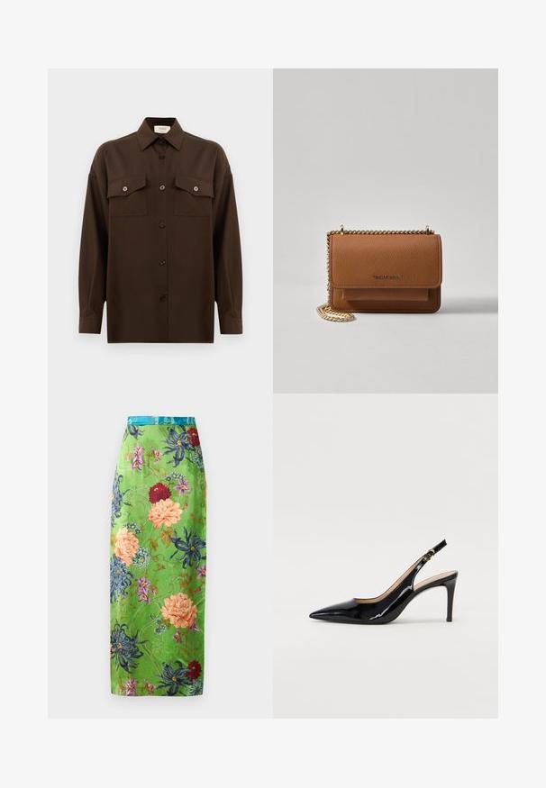 Tamsiai rudas ilgarankovis mygtukų marškiniai su dviem kišenėmis ant krūtinės ir klasikiniais apykakle, pristatomas prieš paprastą baltą foną.; Žaliame satino midi sijone, papuoštame ryškiomis rožinėmis, mėlynosiomis ir raudonomis gėlėmis. Baigtas smaragdiniu juosmeniu ir sudėtingais raštais.; Juodas lakinės odos slingback batelis su smailiu nosiu, plonu kulnu ir subtiliu išpjovos dizainu. Yra auksinė sagtis ant dirželio.; Ruda tekstūruota odinė per petį nešama rankinė su auksiniu grandininiu dirželiu ir užlenkiamo užsegimo. Priekinėje pusėje yra logotipo detalė ir kišenė po užlenkimu.