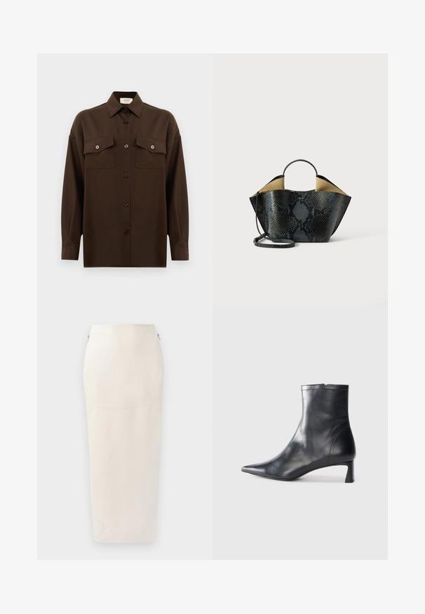 Tamsiai rudas ilgarankovis mygtukų marškiniai su dviem kišenėmis ant krūtinės ir klasikiniais apykakle, pristatomas prieš paprastą baltą foną.; Kreminė midi sijonas su prigludusia siluetu, pagamintas iš lygios medžiagos, su paslėptu užtrauktuku šone ir minimalistinėmis siuvimo detalėmis.; Juodas odinis kulkšninis batas su smailiu pirštu ir elegantišku dizainu. Turi žemą kulną ir užtrauktuką gale. Lygi tekstūra.; Juodas ir pilkas gyvatės odos rašto rankinė su struktūrizuotu dizainu, dviem rankenomis ir reguliuojamu pečių diržu. Viduje yra smėlio spalvos interjeras.