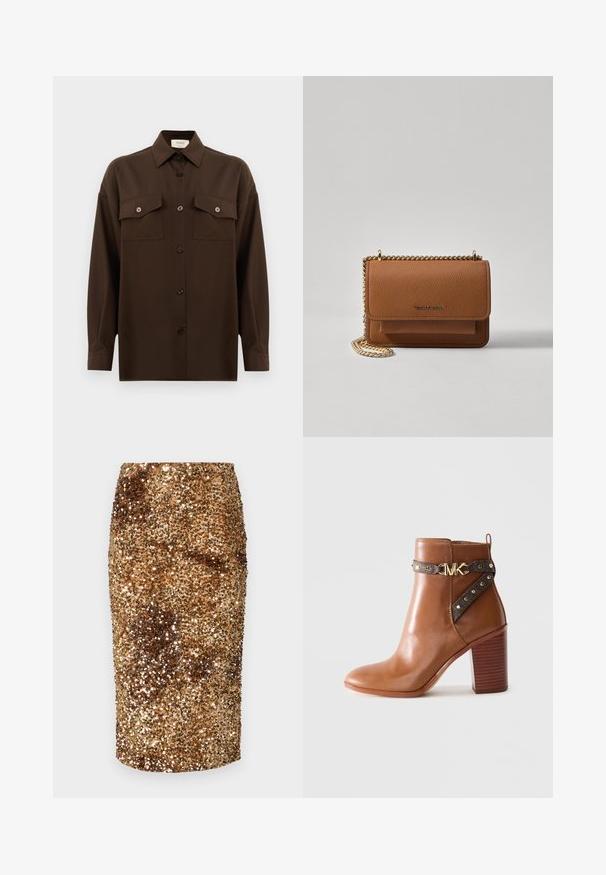 Chemise à manches longues brun foncé avec boutons, dotée de deux poches poitrine à rabat et d'un col classique, présentée sur un fond blanc uni.; Jupe crayon dorée en sequins avec une silhouette ajustée, présentant une texture lisse et une finition scintillante sur l'ensemble.; Botte de cheville en cuir marron avec un talon en bloc empilé, sangle latérale ornée de clous dorés et boucle en forme de "MK" dorée.; Sac en cuir texturé marron en bandoulière avec une sangle en chaîne dorée et une fermeture à rabat. L'avant présente un détail de logo et une poche sous le rabat.