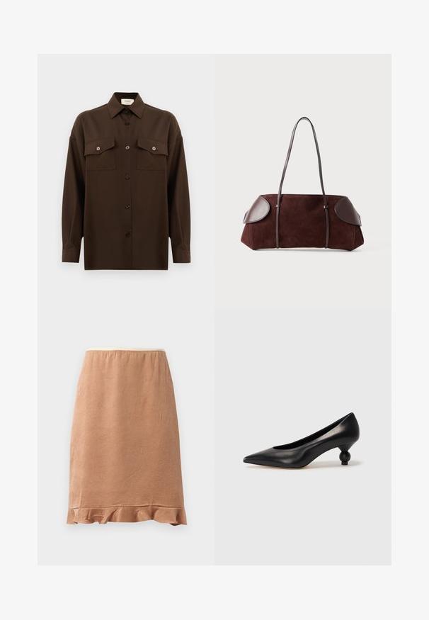 Dark brown long-sleeve button-up shirt with two flap chest pockets and a classic collar, displayed against a plain white background.; Brown textured skirt with a ruffled hem, featuring a soft fabric that drapes lightly, designed with an elastic waistband for comfort.; Black leather high heel shoe with a pointed toe and a round, balled heel. Smooth texture with a sleek, minimal design.; Brown suede bag with leather accents, structured shape, dual shoulder straps, and rounded edges, featuring a smooth texture and minimal hardware.