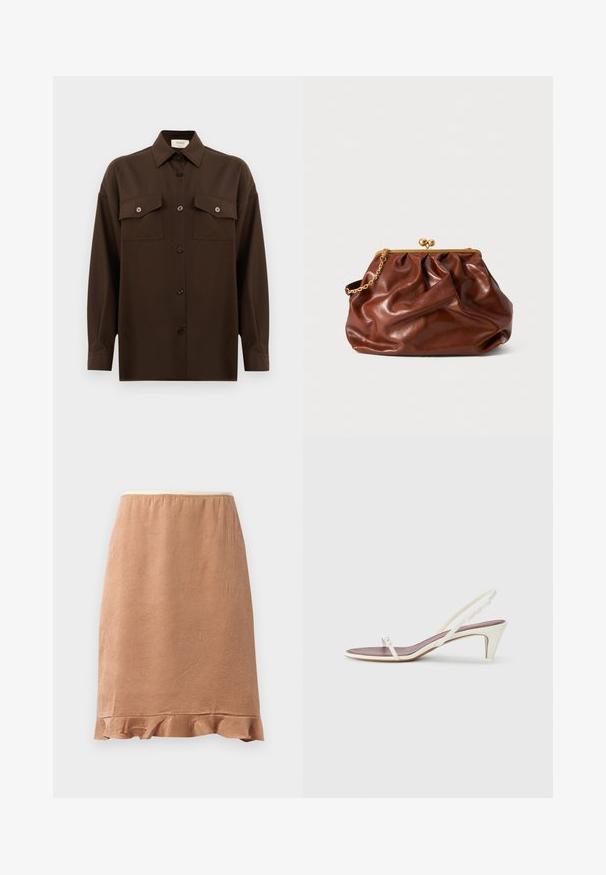 Cămașă lungă, cu mâneci lungi, de culoare maro închis, cu două buzunare frontale cu clapetă și guler clasic, expusă pe un fundal alb simplu.; Fustă texturată maro cu un tiv volanat, realizată dintr-un material moale care se drapează ușor, proiectată cu un tiv elastic pentru confort.; Sandale albe cu toc mic, curele subțiri și o textură netedă din piele; prezintă o cataramă decorativă mică.; Plică din piele maro cu ramă aurie și mânere scurte din lant auriu, având o textură moale, pliată pe un fundal alb.