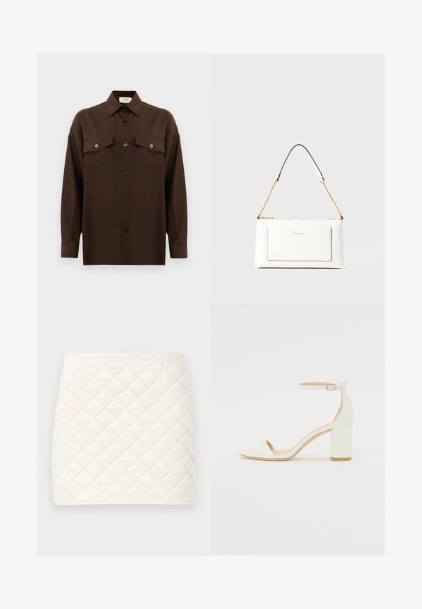 Ciemnobrązowa, długa koszula z guzikami, z dwiema kieszeniami na klatce piersiowej i klasycznym kołnierzykiem, zaprezentowana na jednolitym białym tle.; Mini spódnica z pikowanym wzorem w miękkim białym materiale, z diamentowym wzorem i prostymi liniami, o gładkiej fakturze i bez widocznych zapięć.; Białe skórzane sandały na blokowym obcasie z paskiem wokół kostki z klamrą i minimalistycznym wzornictwem. Otwarty przód oraz gładkie tekstury na całej powierzchni.; Biała skórzana torebka o teksturowanym wykończeniu, z złotą łańcuszkową rączką i czarnymi akcentami. Zawiera przednią kieszeń oraz zamek błyskawiczny.