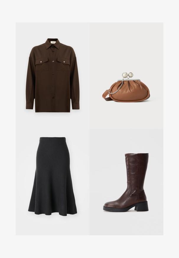 Dark brown long-sleeve button-up shirt with two flap chest pockets and a classic collar, displayed against a plain white background.; Black flared skirt made of soft fabric, featuring a high waist, smooth texture, and an A-line silhouette that extends to mid-calf length.; Brown leather knee-high boot with a textured finish, square toe, and a low block heel. Features side stitching and a slightly flared top.; Brown leather clutch purse with silver ball clasp and a small silver chain detail on a white background.