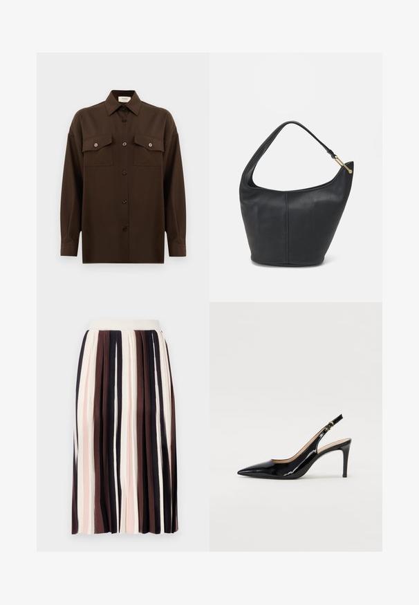 Ciemnobrązowa, długa koszula z guzikami, z dwiema kieszeniami na klatce piersiowej i klasycznym kołnierzykiem, zaprezentowana na jednolitym białym tle.; Plisowana spódnica z pionowymi paskami w odcieniach ciemnego brązu, jasnego różu i kremu, z dopasowanym paskiem i miękkim, teksturowanym materiałem.; Czarne lakierowane szpilki typu slingback z szpiczastym noskiem, smukłym obcasem i subtelnym wycięciem. Posiadają złotą klamrę na pasku.; Czarna skórzana torebka o okrągłym kształcie, z szerokim paskiem i teksturowanym wykończeniem. Posiada subtelny detal szwu i akcenty w odcieniu złota.