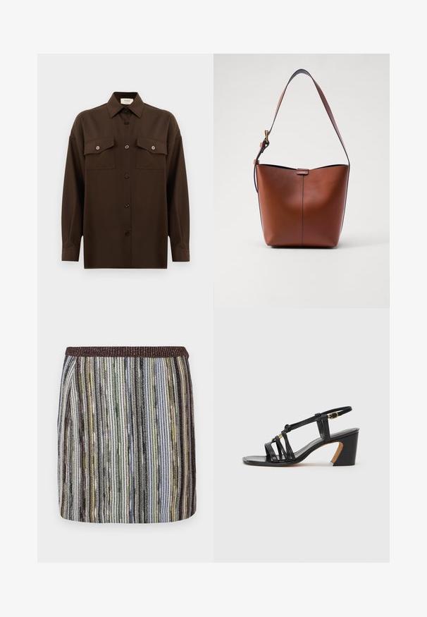 Dark brown long-sleeve button-up shirt with two flap chest pockets and a classic collar, displayed against a plain white background.; Short, fitted skirt with multicolored vertical stripes in shades of green, black, and brown, featuring a textured elastic waistband.; Paul Smith AMIRA - Classic heels - black; Brown leather shoulder bag with a curved shape, smooth texture, and a single thin strap. Features a subtle seam and a small logo detail.