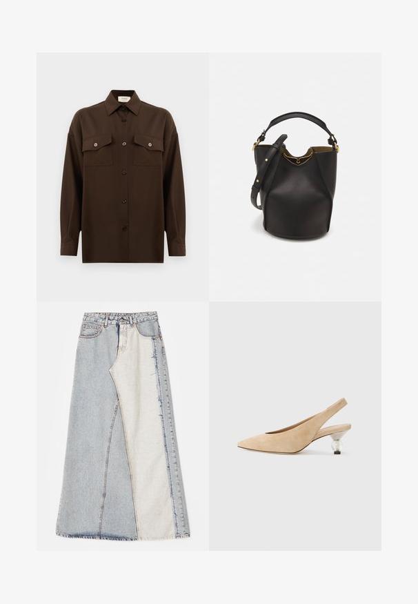 Sötétbarna, hosszú ujjú, gombos ing, két zsebével a mellén és klasszikus gallérral, egyszerű fehér háttér előtt bemutatva.; Farmernadrág szoknya foltos mintázattal, világos és közép kék színű részekkel, rojtos szegéllyel és magas derékkal. Klasszikus öt zsebes stílus.; Beige bőrből készült slingback cipő hegyes orral és átlátszó, kerek sarokkal. Simás textúra és minimalista forma.; Fekete bőr vödör táska texturált felülettel, arany hardware részletekkel és nyitott tetejével. Rövid fogantyúval és állítható vállpánttal rendelkezik.