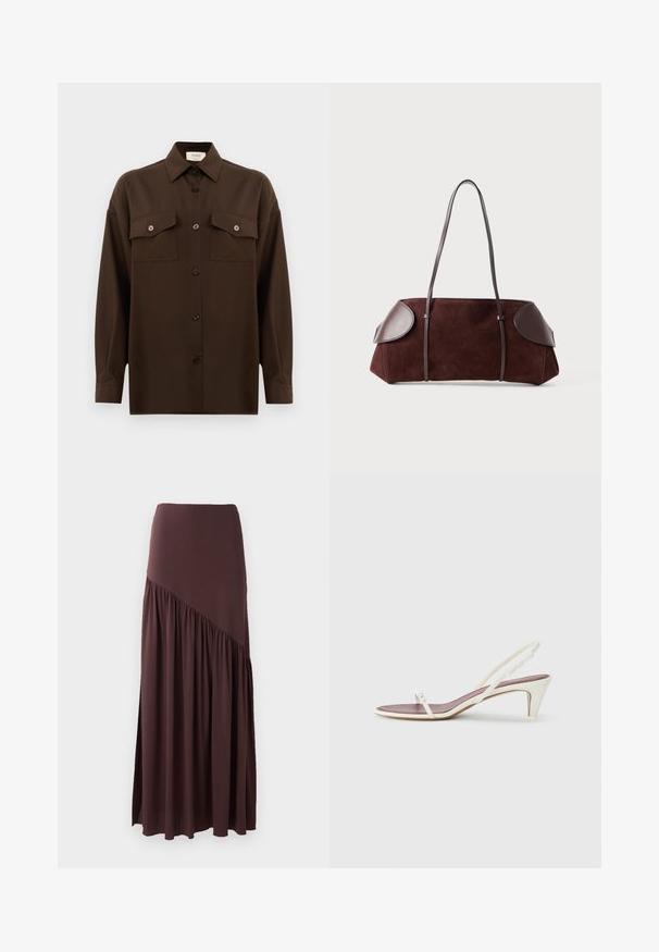 Donkerbruin langarm overhemd met knopen, voorzien van twee zakken met klep op de borst en een klassieke kraag, weergegeven tegen een effen witte achtergrond.; Bruine maxi rok gemaakt van zachte stof. Heeft een comfortabele tailleband en een asymmetrisch ontwerp met geplooide details aan één kant.; Witte slingback sandalen met een lichte hak, dunne banden en een gladde leren textuur; voorzien van een kleine decoratieve gesp.; Bruine suède tas met leren accenten, gestructureerde vorm, dubbele schouderbanden en ronde randen, met een gladde textuur en minimale hardware.