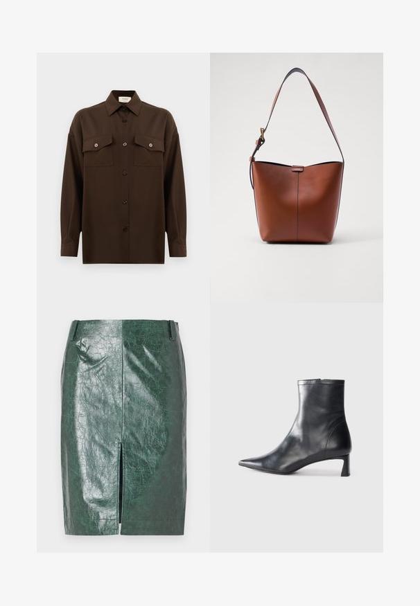 Tumši brūns garām piedurknēm pogājams krekls ar diviem kabatām uz krūtīm un klasisku apkakli, attēlots uz vienkārša baltā fona.; Baum und Pferdgarten SIGNA - Zīmuļsvārki - sycamore green; Melnas ādas potītes zābaki ar norādītu pirkstu un elegantu dizainu. Iezīmē zemu papēdi un rāvējslēdzēja aizdari aizmugurē. Gluda tekstūra.; Brūna ādas plecu soma ar izliekta formu, gludu tekstūru un vienu plānu siksnu. Iekļauj subtilu šuvumu un mazu logotipa detaļu.