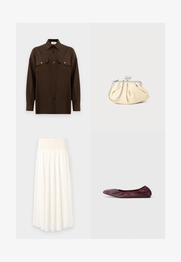 Cămașă lungă, cu mâneci lungi, de culoare maro închis, cu două buzunare frontale cu clapetă și guler clasic, expusă pe un fundal alb simplu.; Fustă albă, până la genunchi, confecționată dintr-un material ușor, având un brâu elastic larg și un design fluid, plisat.; Balerini din piele burgundă închisă, cu vârf rotunjit, rim elastic și textură netedă cu detalii subtile de pliere.; Clutch din piele plisată bej, cu un cadru din metal argintiu, având două închideri decorative rotunde și o curea din lanț argintiu.