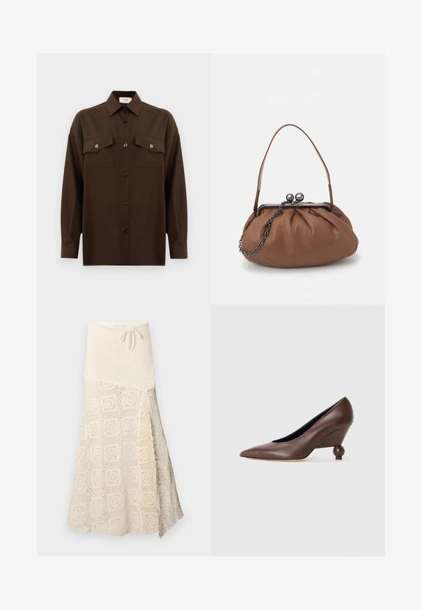 Tmavohnedá košeľa s dlhým rukávom, na gombíky, s dvoma vreckami na hrudi a klasickým golierom, umiestnená na jednoduchom bielom pozadí.; Háčkovaná sukňa s textúrovanou krémovou hornou časťou a dolnou časťou s jemným štvorcovým vzorom. Nastaviteľné viazanie v páse.; Hnedé kožené klinové lodičky s špicatou špičkou a zaobleným, guľovým podpätkom. Hladká textúra s jednoduchým dizajnom a minimálnymi akcentmi.; Hnedá kožená kabelka so zhrnutým dizajnom, krátkym koženým uchom a reťazovým popruhom. Obsahuje strieborný kovový zapínací mechanizmus s dvoma okrúhlymi akcentami.