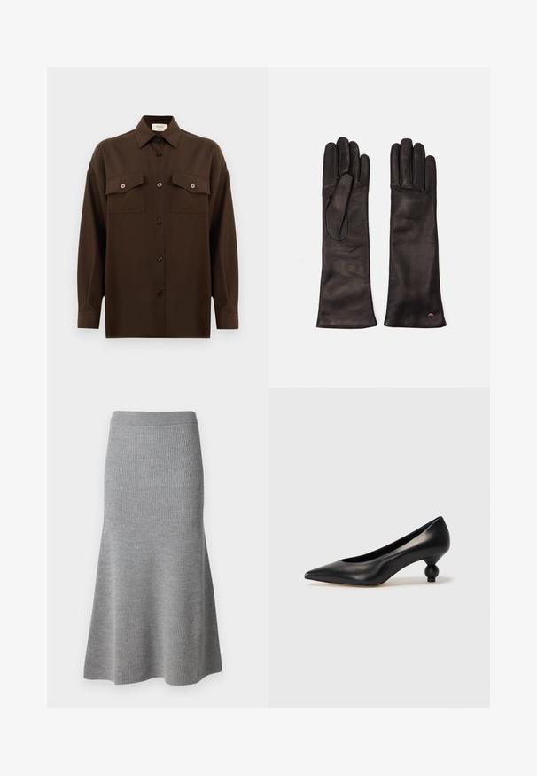 Chemise à manches longues brun foncé avec boutons, dotée de deux poches poitrine à rabat et d'un col classique, présentée sur un fond blanc uni.; Jupe midi tricot gris avec une silhouette évasée, arborant une texture côtelée et une taille élastique pour le confort.; Chaussure à talon haut en cuir noir avec un bout pointu et un talon arrondi. Texture lisse avec un design épuré et minimal.; WEEKEND MaxMara SENAPE - Gants - nero