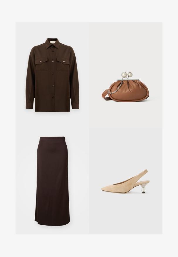 Cămașă lungă, cu mâneci lungi, de culoare maro închis, cu două buzunare frontale cu clapetă și guler clasic, expusă pe un fundal alb simplu.; Fustă lungă neagră dintr-un material neted. Prezintă un design drept, cu o fante laterală pentru ușurința mișcărilor și un detaliu discret la talie.; Pantof bej din piele sușie, cu vârful ascuțit și toc rotund transparent. Textură netedă și design minimalist.; Plic din piele maro cu închidere din bilă argintie și un mic detaliu cu lanț argintiu pe un fundal alb.