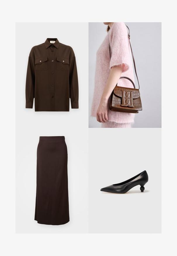 Dark brown long-sleeve button-up shirt with two flap chest pockets and a classic collar, displayed against a plain white background.; Long black skirt made of smooth fabric. Features a straight design with a side slit for ease of movement, and a subtle waistband detail.; Black leather high heel shoe with a pointed toe and a round, balled heel. Smooth texture with a sleek, minimal design.; Brown crocodile-embossed handbag with a top handle and shoulder strap. Features a prominent logo on the front flap. Soft texture.