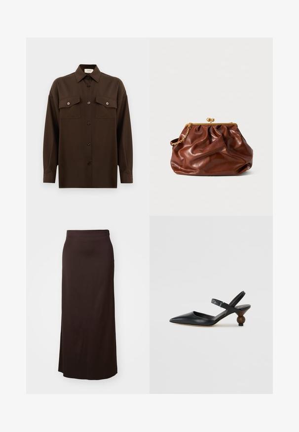 Sötétbarna, hosszú ujjú, gombos ing, két zsebével a mellén és klasszikus gallérral, egyszerű fehér háttér előtt bemutatva.; Hosszú fekete szoknya sima anyagból. Egyenes fazonú, oldalsó hasítékkal a mozgás könnyebbségére, és finom derékpánt részlettel rendelkezik.; Fekete bőr szandálcipő hegyes orral, íves kialakítással és kerek, fára hasonlító sarokkal. Keskeny bokapánttal rendelkezik.; Barna bőr klutcs táska arany csattal és rövid arany lánckarral, puha, összegyűrt textúrával, fehér háttér előtt.
