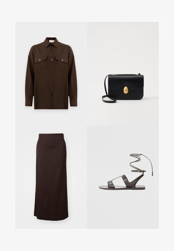 Dunkelbraunes Langarmhemd mit Knopfleiste, zwei Brusttaschen mit Klappe und klassischem Kragen, vor einem schlichten weißen Hintergrund präsentiert.; Langer schwarzer Rock aus glattem Stoff. Hat ein gerades Design mit einem seitlichen Schlitz für mehr Bewegungsfreiheit und einem dezenten Taillenbund-Detail.; Braune Ledersandale mit flacher Sohle, minimalistischem Design, gebogenem Knöchelriemen und mehreren Ausschnitten für Atmungsaktivität.; Schwarze Lederhandtasche mit strukturierter rechteckiger Form. Verfügt über einen goldenen ovalen Verschluss und einen dünnen Schulterriemen. Glatte Textur.